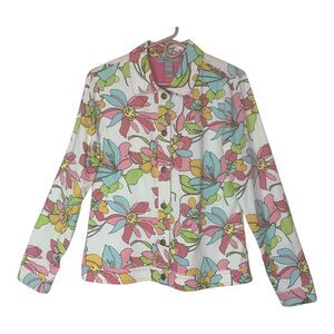 Analogy Women's Floral Boho Jacket SZ MED Long Sleeve Artsy Button Up Denim Feel